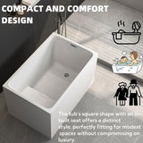 43" Acrylic Freestanding Bathtub with Seat, Japanese Soaking Tub Spacious Rectangular Shape, Modern Soaking Bathtub, Gloss White Finish, Chrome Slotted Overflow & Pop-Up Drain Runave