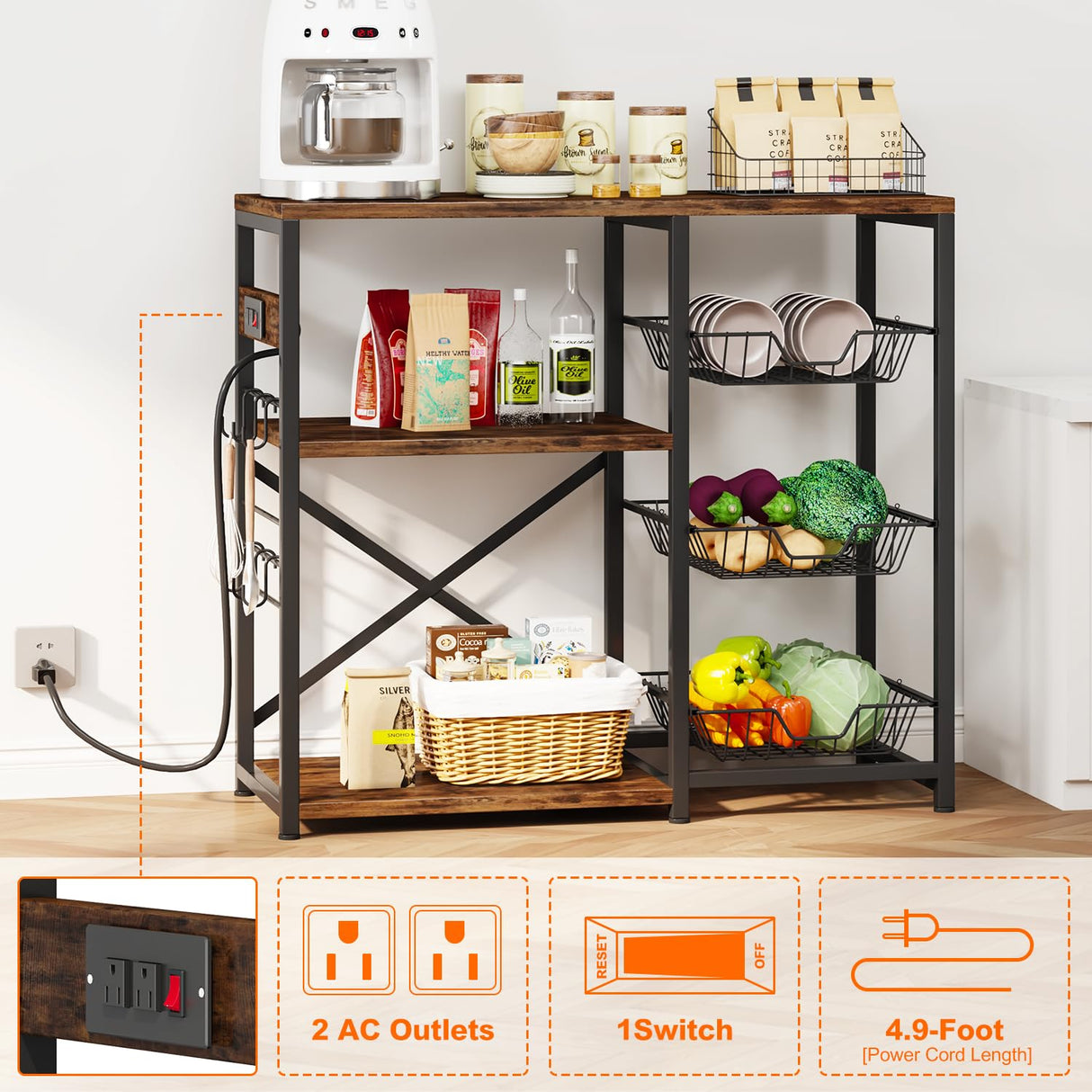 Homeiju Kitchen Island, Baker's Rack with Power Outlet, Microwave Stand, Coffee Bar with 3 Removable Wire Baskets, Kitchen Storage Rack with 6 S-Hooks for Spices, Pots and Pans - Rustic Brown Homeiju
