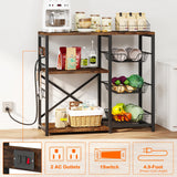 Homeiju Kitchen Island, Baker's Rack with Power Outlet, Microwave Stand, Coffee Bar with 3 Removable Wire Baskets, Kitchen Storage Rack with 6 S-Hooks for Spices, Pots and Pans - Rustic Brown Homeiju