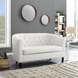 Emma Loveseat, Button Tufted Faux Leather Barrel Loveseat, Midcentury Modern 2 Seater Sofa Couch, Small Loveseat for Small Spaces, Bedrooms, Couches for Living Room, Easy Tool-Free Assembly - White Naomi Home