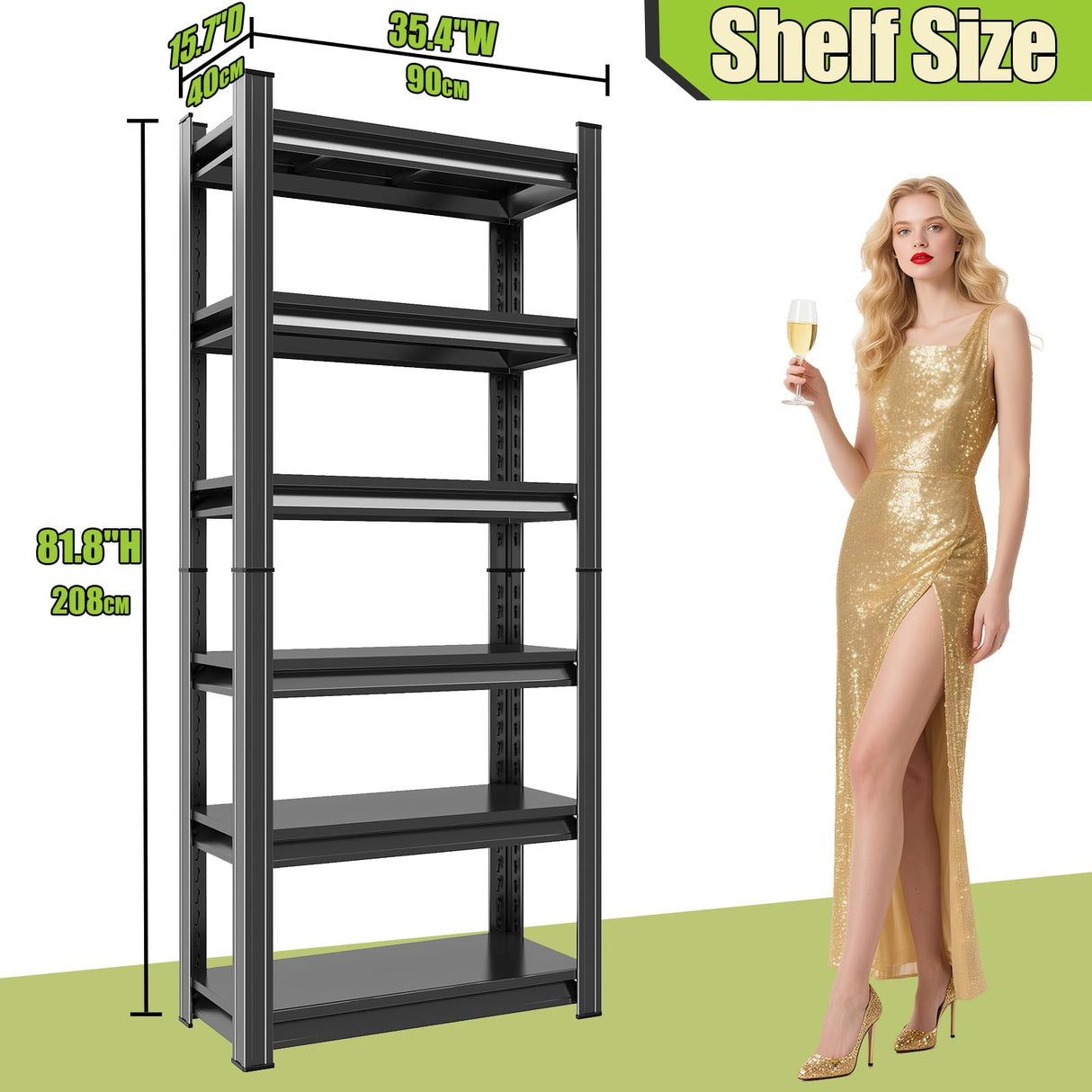 Notmise Book Shelf Adjustable 6-Tier Heavy Duty, Tall Black Metal Shelves, Storage Solution for Library Office (81.8" H * 35.4" W * 15.7" D) Notmise