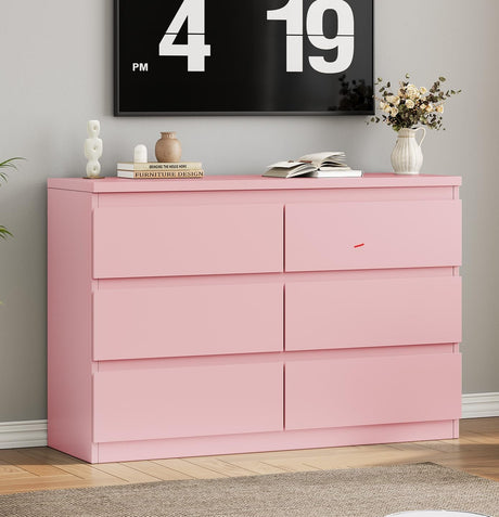 Jocoevol Modern Pink 6 Drawer Dresser - Simply Chest of Drawers for Bedroom, Closet, Living Room, Hallway, Entryway, Wood Storage Double Dresser with Smooth Metal Rails - Pink Jocoevol