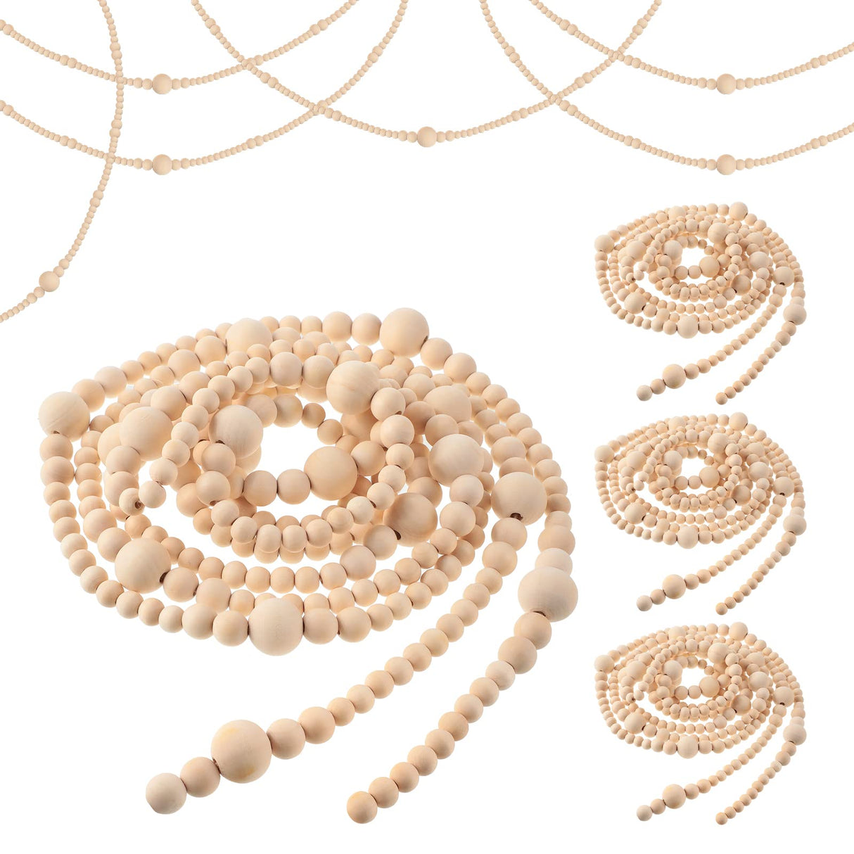 Yinder 4 Pcs 48 Feet Christmas Wooden Beaded Garland 11.8 ft Christmas Tree Garland Beads Farmhouse Rustic Wall Hanging Decor Boho Hanging Decorations for Xmas Holiday Mantel Home Party(Natural) Yinder