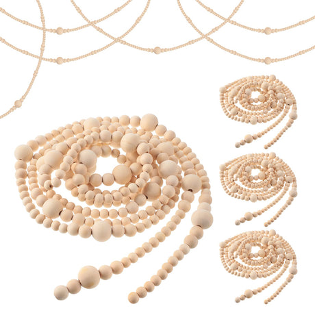 Yinder 4 Pcs 48 Feet Christmas Wooden Beaded Garland 11.8 ft Christmas Tree Garland Beads Farmhouse Rustic Wall Hanging Decor Boho Hanging Decorations for Xmas Holiday Mantel Home Party(Natural) Yinder