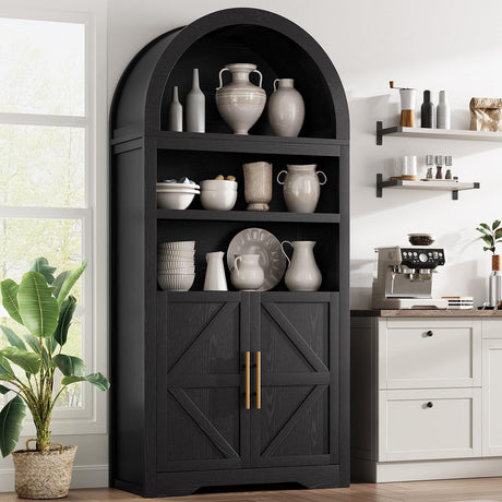 Jocoevol Kitchen Pantry Cabinet, Arched Bookshelf Bookcase China Pantry Storage Cabinet with Doors and Shelves,71“ Tall Food Pantry Funiture for Living Room,Dining Room (Black) Jocoevol