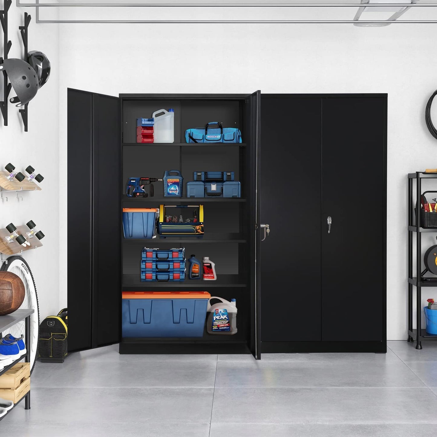 Metal Garage Storage Cabinet - 72" Locking Metal Cabinet with 2 Doors and Adjustable Shelves & Locking Doors for Tool Storage - Black - WoodArtSupply