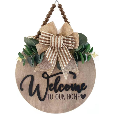 Condorpasea 3D Welcome Sign for Front Door | Home/Farmhouse Porch Décor Wooden Hanging Sign with Artificial Leaves and Rustic Beads | Christmas Classroom |12" Round CondorPasea