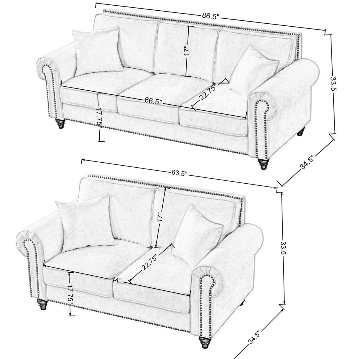 2-Piece Classic Chenille Living Room Sofa Set, Chesterfield Sofa Set of 2 for Living Room - Traditional Rolled Arm Couch & Loveseat with Nailhead Trim, Solid Wood Frame, Earthy Tone Upholstery, Beige Asucoora