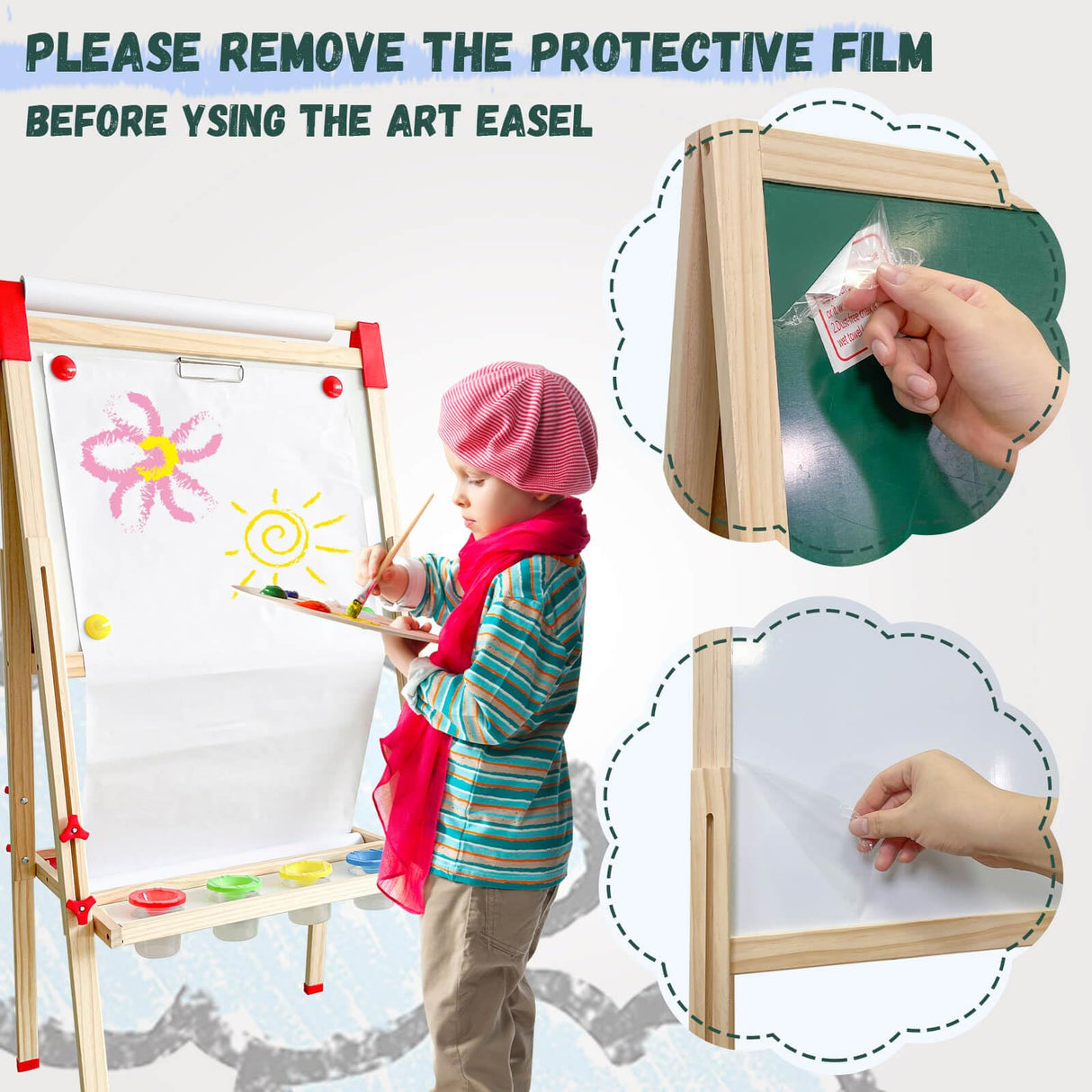 Easel for Kids,Adjustable Wooden Art Easel for Kids,114+ Art Supplies,Double Sided Magnetic Chalkboard and White Board for Kid,Drawing and Painting for Aged 2-4,5-7,8-12,2 Paper Rolls SUNFATT
