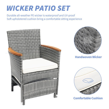 5 Piece Outdoor Patio Furniture Set with Table&Ottoman Outdoor Furniture Patio Set Bistro Wicker Patio Set of 2 Outside Lawn Chairs Conversation Sets for Porch Balcony Deck(Gray Wicker&Beige Cushion) ARTBUSKE