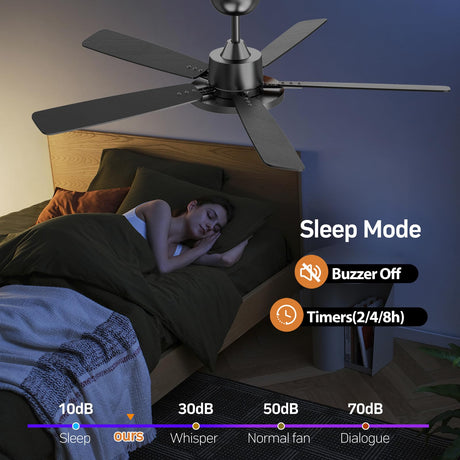TALOYA 52 Inch Black Ceiling Fans with Lights Led Remote Control Flush Mount Low Profile for Bedroom Living Dining Room Outdoor Farmhouse Patio,Reversible,DC Motor,Diammable,Buzzer ON/Off,5 Blades TALOYA