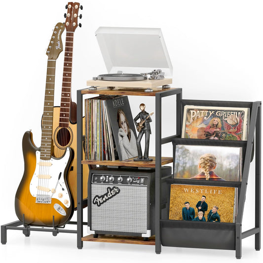 Bikoney Record Player Stand, Guitar Stand for Acoustic, Electric Guitar, Bass with Amp Stand, 3-Tier Vinyl Record Storage Up to 200 Albums, Record Player Table for Record Player, Speaker, Amp - WoodArtSupply