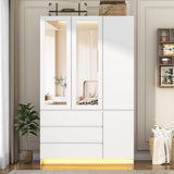 jiteentarou 3 Doors Armoire Wardrobe Closet with 3 Drawers & Mirror, Modern Wooden Bedroom Armoires with Hanging Rod Led Lights for Bedroom, White jiteentarou