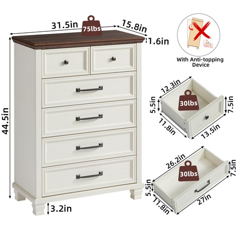 SAVOR LIFE Farmhouse 6 Drawer Dresser for Bedroom, 45 Inch Tall Vintage Wood Chest of Drawers, Rustic Dressers w/Square Wooden Legs, Mid-Century Storage Organizer for Living Room, Hallway, White SAVOR LIFE