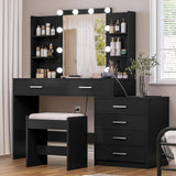 FIONESO Vanity Desk with Mirror & Lights, Makeup Vanity with 6 Drawers, 6 Open Shelves and Power Outlet, 48” Storage Makeup Vanity Desk with Stool Bench for Women, Girls, Bedroom, Black FIONESO