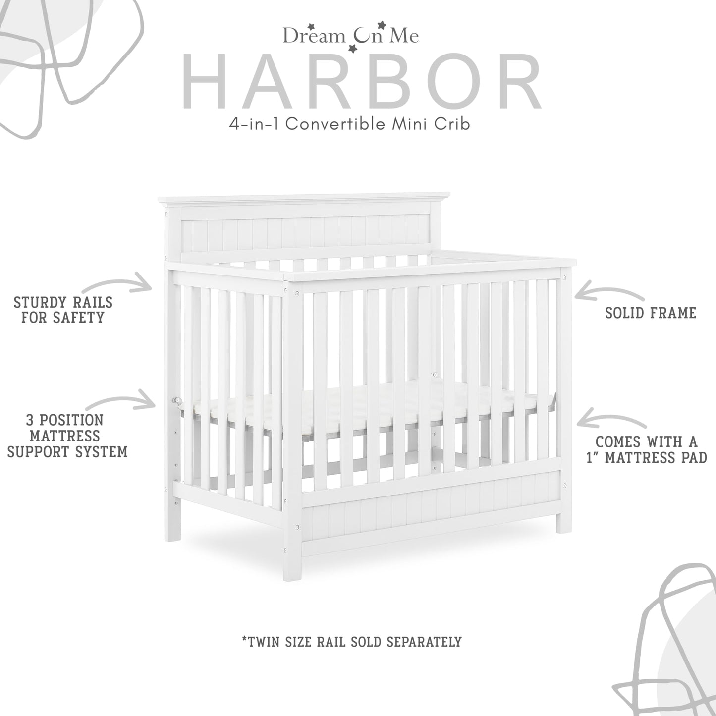 Dream On Me Harbor 4-in-1 Convertible Mini Crib in White, Greenguard Gold Certified