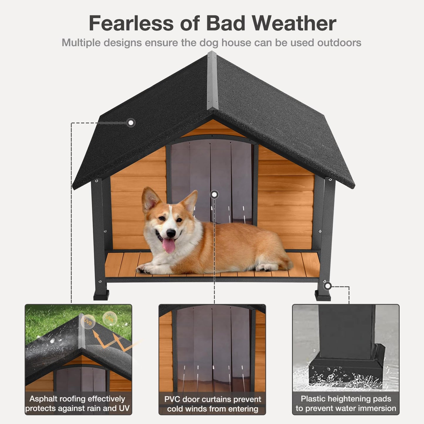 MEDEHOO Outdoor Weatherproof Dog House with Insulated - Large All-Around Iron Frame - Fir Wood Construction - Ideal for All Dog Breeds (Medium)