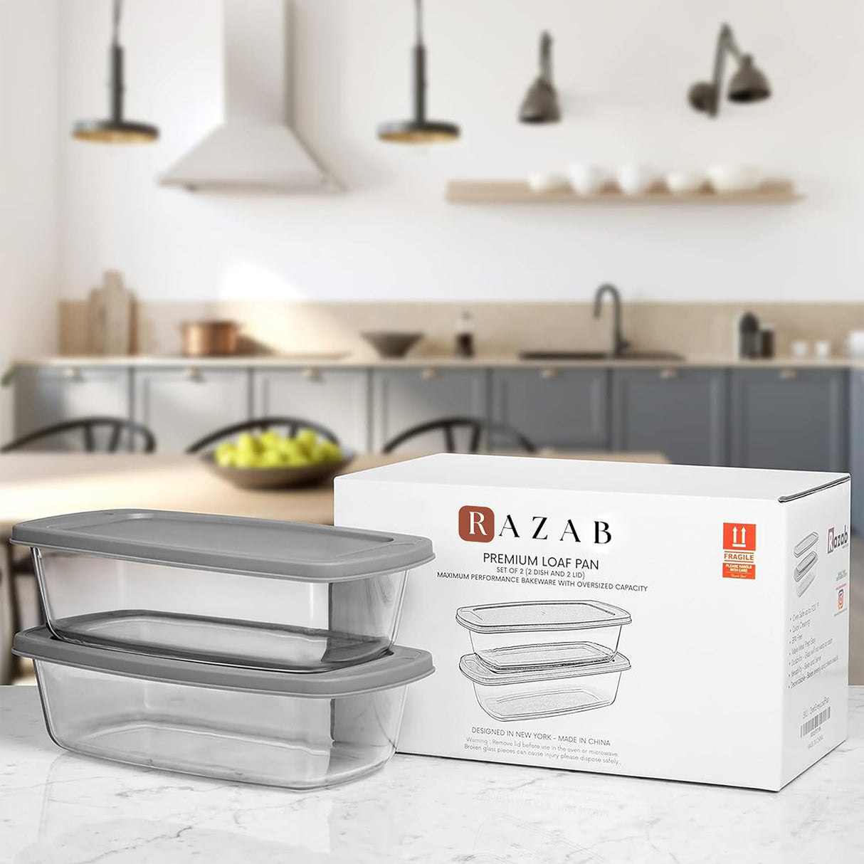 Razab LARGE 7.6 Cups/1800 ML/1.9 Qt Glass Loaf Pan with Lids (Set of 2) - Meatloaf Pan BPA free Airtight Lids Grip Handle Easy Carry, Microwave and Oven Safe - Loaf Pans For Baking Bread, Cakes Razab