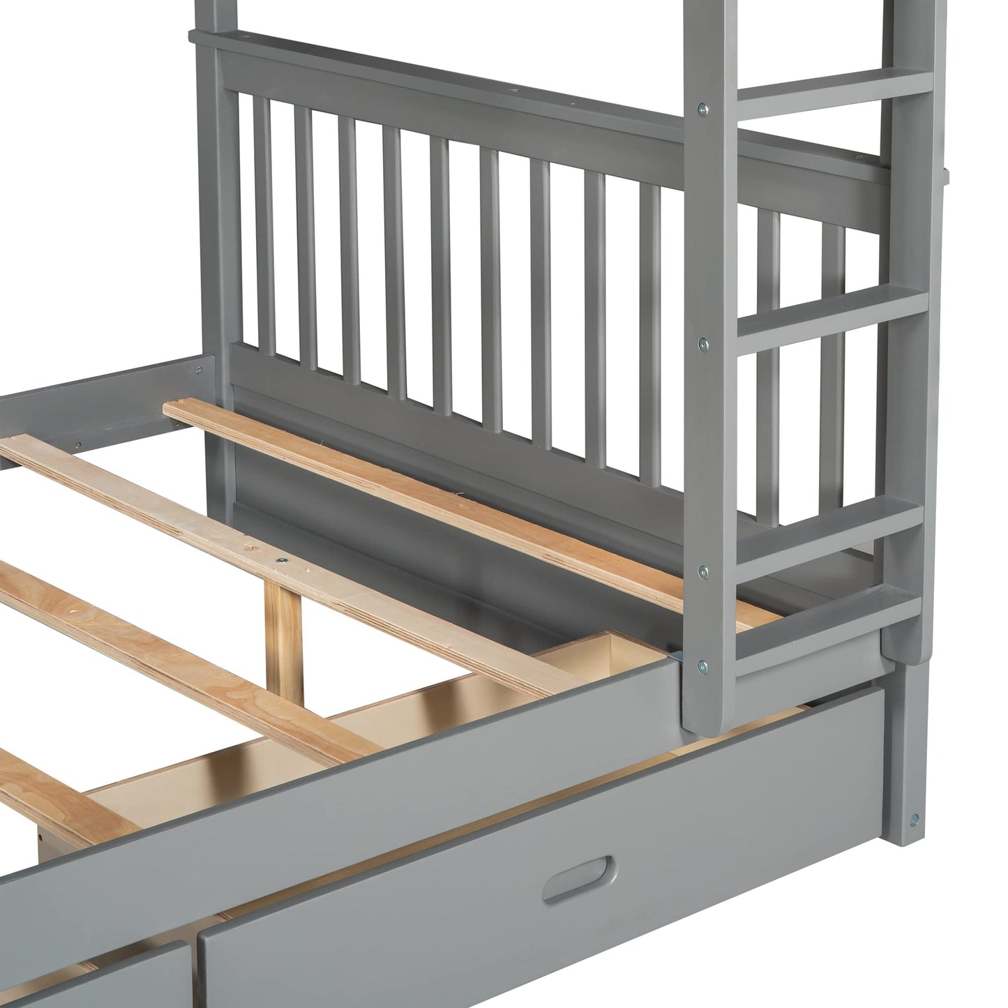 Merax Grey Solid Wood Convertible Bunk Bed with Storage Drawers and Ladders, Full Over Full - WoodArtSupply