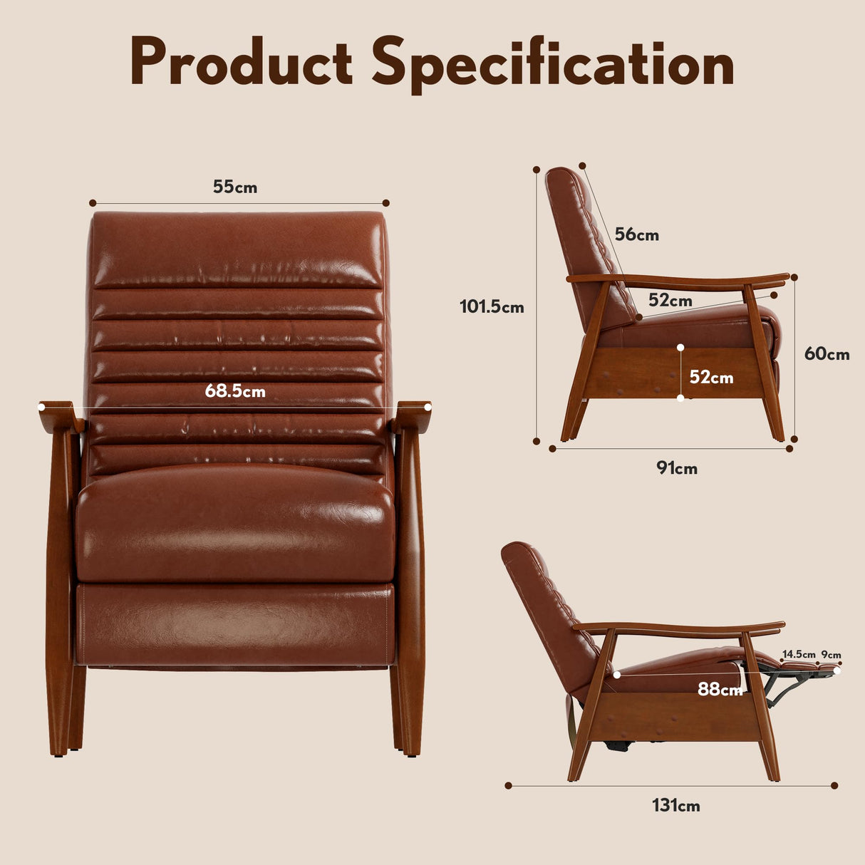 Leather Recliner Chair Set of 2, Mid Century Push Back Accent Ｃhair, Comfortable Living Room Chair with Solid Wood Frame, High Back Lounge Chair for Reading and Relaxing(Brown) Generic