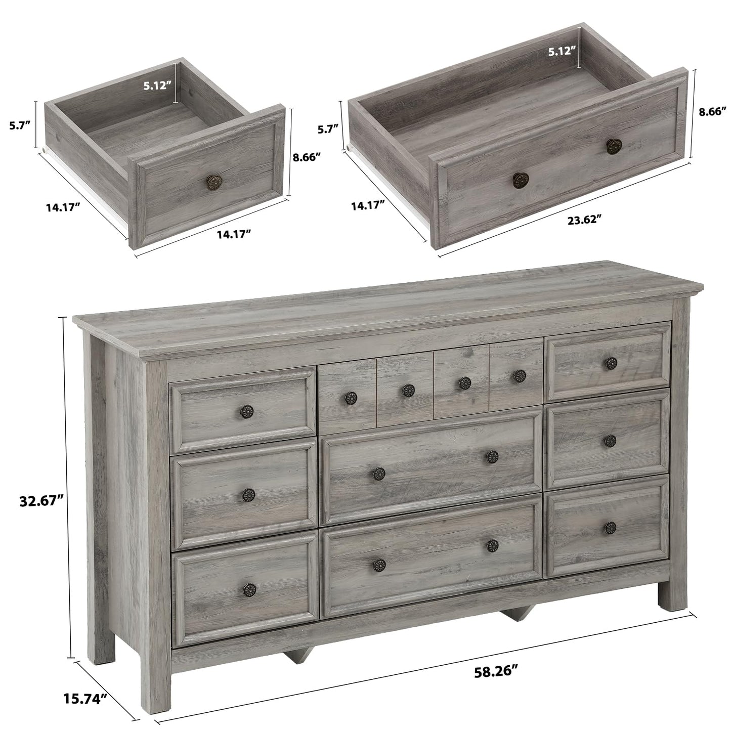 Farmhouse Dresser for Bedroom, Large Chest of Drawers, TV Stand 9 Drawers Storage Dressers Organizer for Bedroom, Living Room, Hallway,Gray