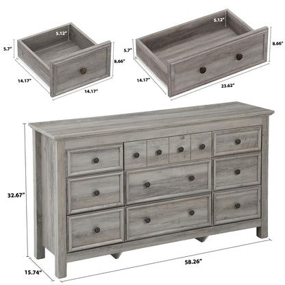 Farmhouse Dresser for Bedroom, Large Chest of Drawers, TV Stand 9 Drawers Storage Dressers Organizer for Bedroom, Living Room, Hallway,Gray