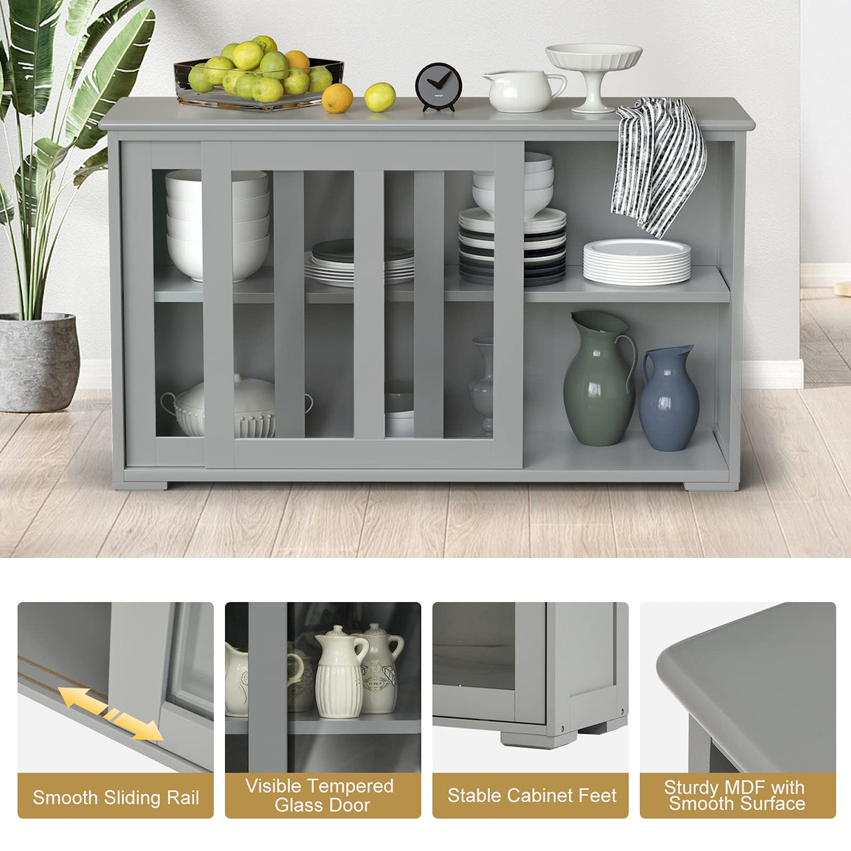 CHEFJOY Sideboard Buffet Cabinet, Stackable Cupboard Storage Table with Adjustable Shelf & Glass Sliding Doors, Wooden Credenza Coffee Bar Cabinet for Kitchen/Dining Room/Living Room/Entryway (Grey) CHEFJOY
