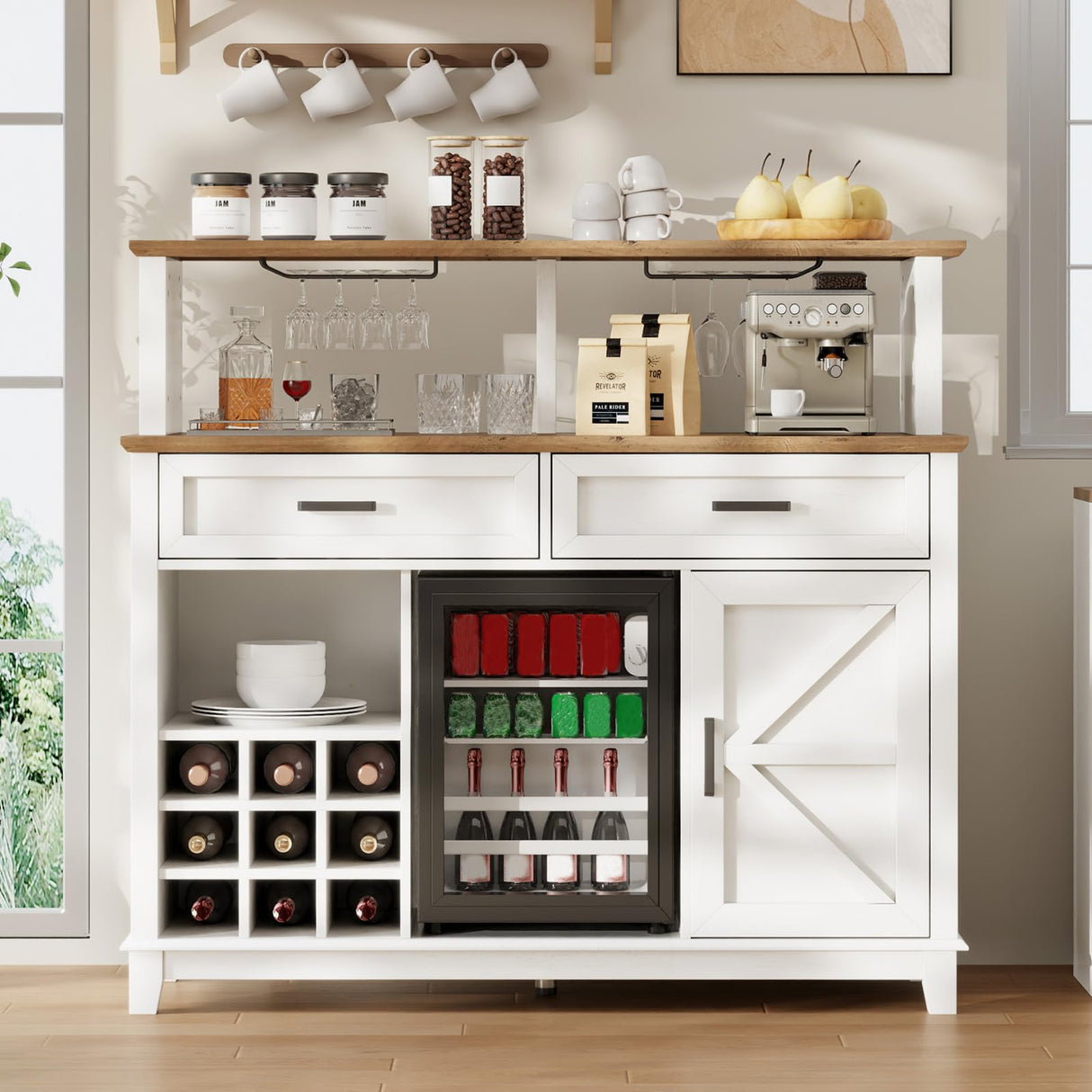 LUXOAK Farmhouse Coffee Bar Cabinet with Beverage Refrigerator Cooler, 47" Rustic Wine Bar Cabinet w/15 Mini Fridge, Barn Door & Glass Racks, Kitchen Hutch Buffet Table w/Drawer, Dining Room, White LUXOAK