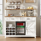 LUXOAK Farmhouse Coffee Bar Cabinet with Beverage Refrigerator Cooler, 47" Rustic Wine Bar Cabinet w/15 Mini Fridge, Barn Door & Glass Racks, Kitchen Hutch Buffet Table w/Drawer, Dining Room, White LUXOAK
