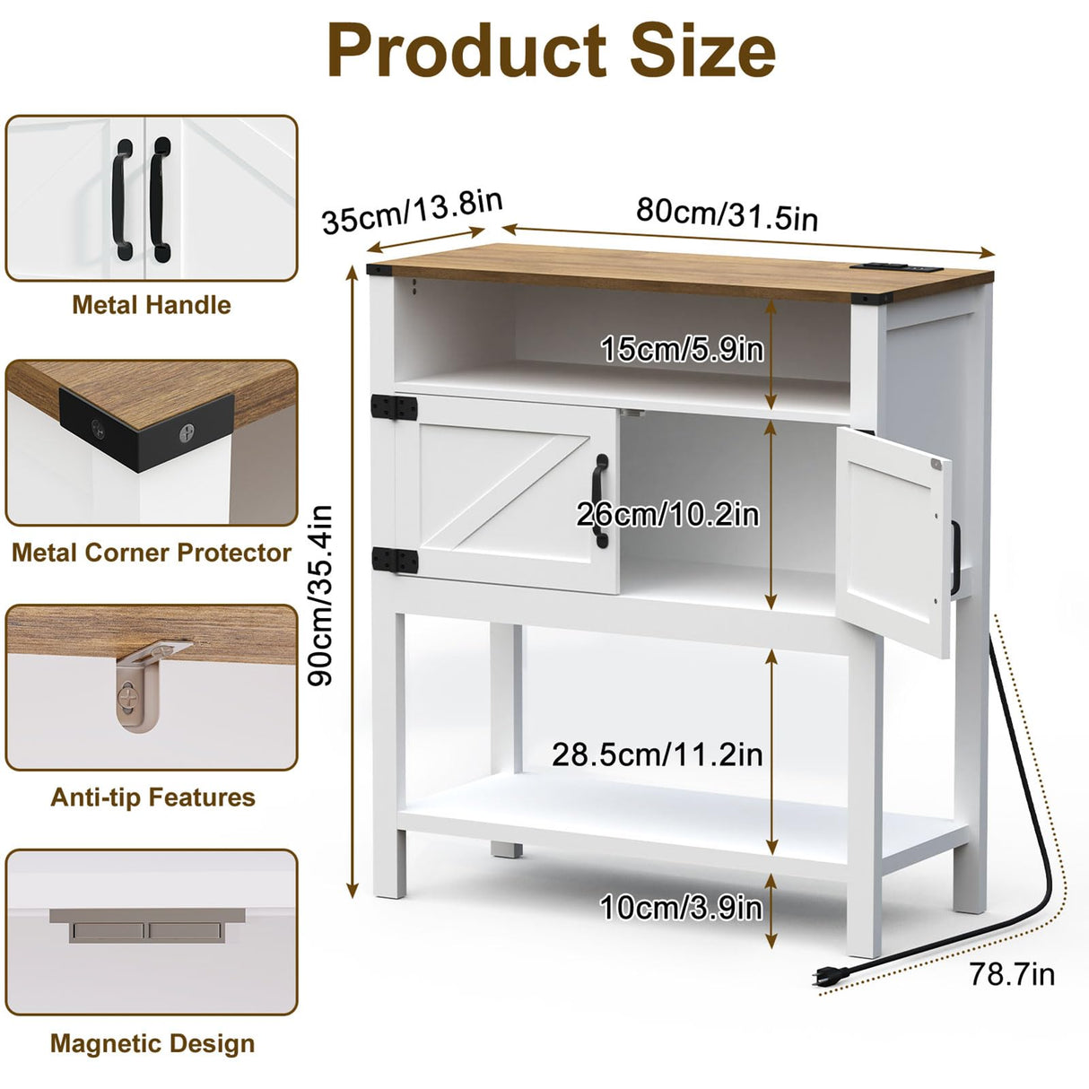 M METERXITY Console Table with Outlets, Farmhouse Coffee Bar Cabinet, 31.5 l x 13.8 D x 35.5 H, Entryway Table with Storage Cabinets for Living Room, Couch, Hallway, Foyer, Kitchen (White) M METERXITY