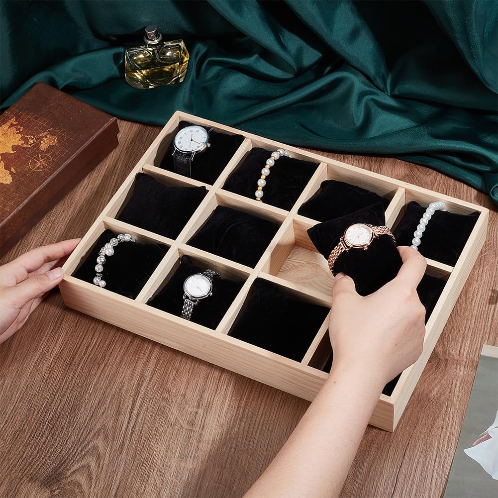 PH PandaHall 12 Slot Wooden Watch Organizer Tray Display Holder with Removable Velvet Pillows, Stackable Jewelry Bracelet Storage Tray for Drawer Showcase, Black PH PandaHall