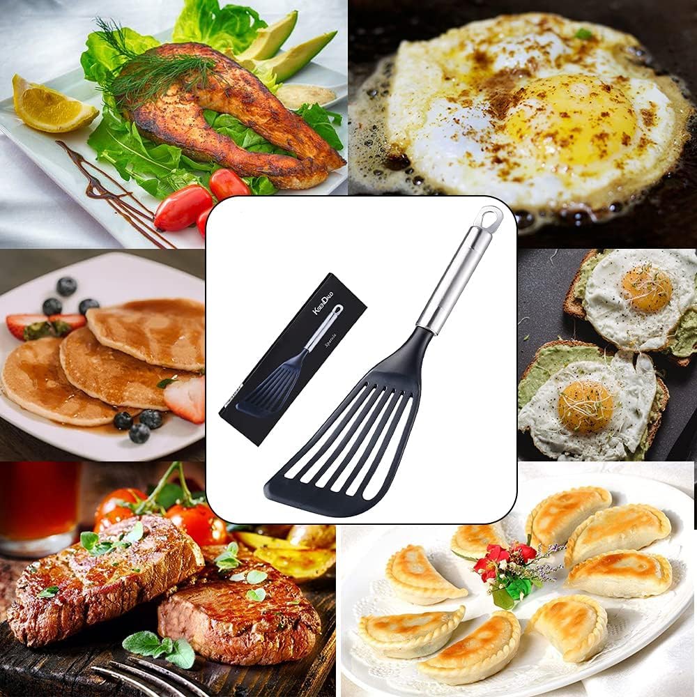 KSENDALO Fish Spatula for Nonstick Cookware -Slotted Turner Egg Spatula -Wide Thin Spatula with European Nylon Blade for Kitchen Use- Egg Flipper Utensils, Black KSENDALO