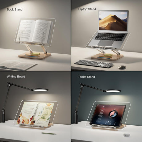 Adjustable Acrylic Book Stand for Reading, Book Holder with Pen Slot, Foldable Desktop Riser for Laptop, Recipe, Textbook - Hands-Free,Cookbook Stand, Clear Design with Page Clips UPERGO