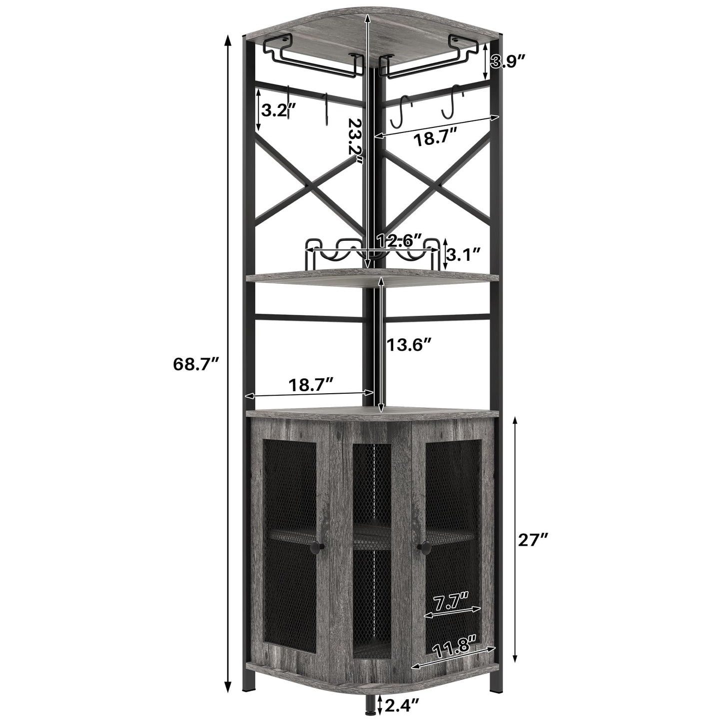 Aufvolr Bar Cabinet w/Wine Rack and Glass Holder, Corner Cabinet with Mesh Door, Corner Bar Cabinet with Adjustable Shelf, Liquor Cabinet Bar for Home (Grey