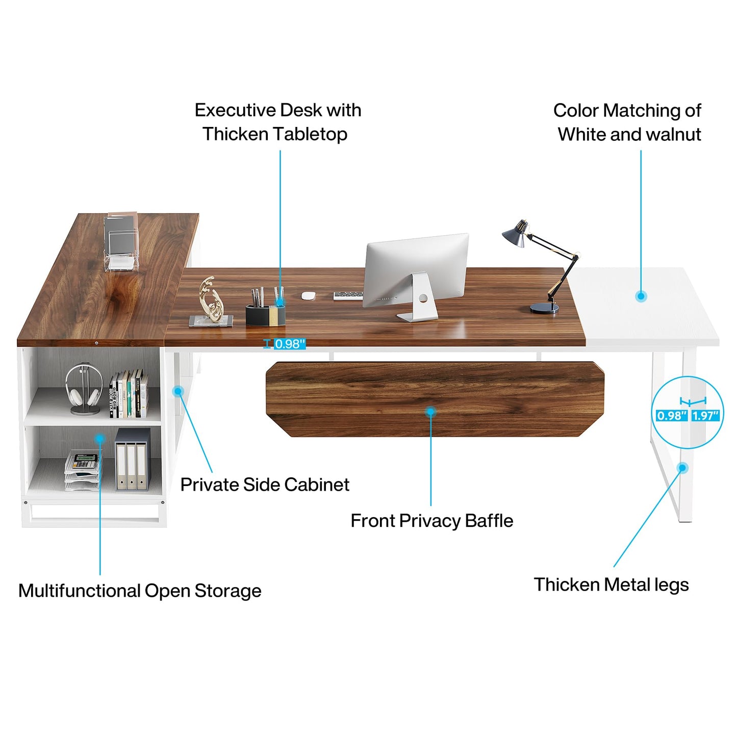 Tribesigns 70.8-Inch Executive Desk with 55-Inch File Cabinet, Large L Shaped Computer Desk with Storage Cabinet and Shelves, Modern L-Shaped Desk for Home Office, Walnut & White - WoodArtSupply