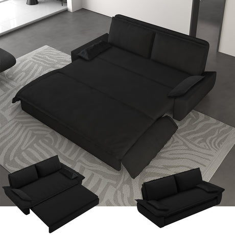 UPYOOE 70.1" Futon Sofa Bed Queen Size, Pull Out Bed, 3-in-1 Convertible Sleeper Sofa with 2 Soft Pillows, Modern Velvet Futon Couch for Living Room, Small Space, Apartment, Bedroom, Black UPYOOE