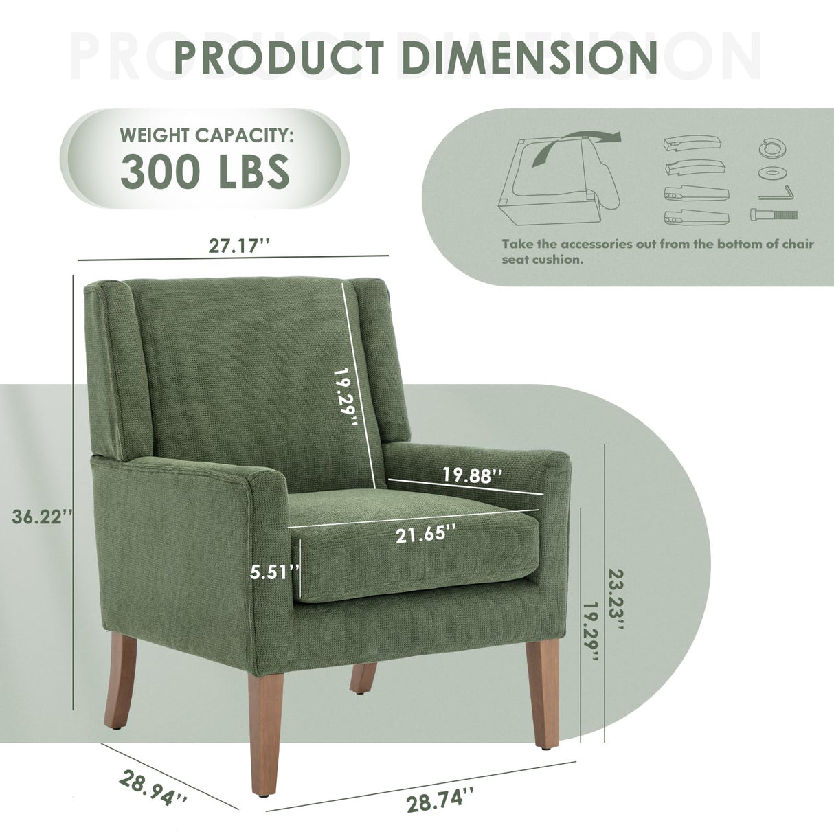 COLAMY Modern Wingback Living Room Chair, Upholstered Fabric Accent Armchair, Single Sofa Chair with Lounge Seat and Wood Legs for Bedroom/Office/Reading Spaces, Green COLAMY