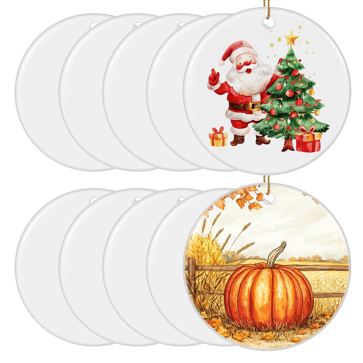 Sublimation Ceramic Ornaments Sublimation Ornament Blanks Bulk 2.83 Inch Round Blank Ornament Discs with Gold String for Crafting DIY Personalized Xmas Tree Ornament Keepsake Crafts Gift 10 Pieces