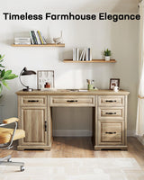 Marsail 60″ Farmhouse Executive Desk, Home Office Desk with Storage Cabinet, Charging Station, Adjustable Shelf, and File Drawer, Rustic Computer Writing Desk for Work & Study, Natural Marsail