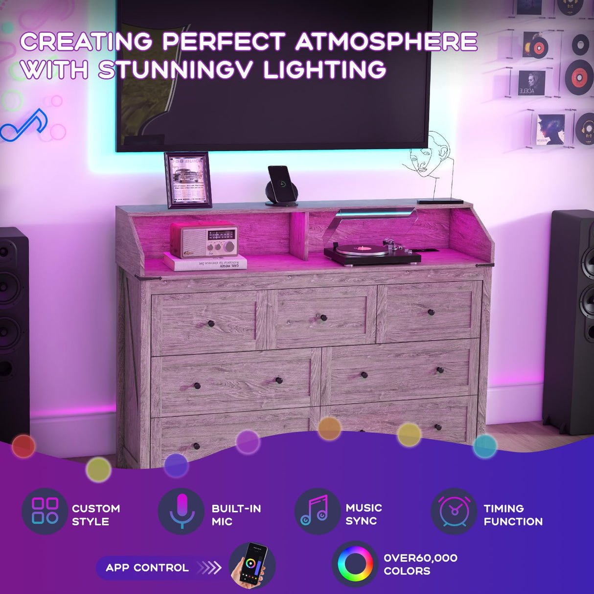 GlouMod LED Dresser with Charging Station, 7 Drawer Dressers & Chest of Drawers, Wooden Chest of Drawers for Bedroom, Closet Dresser Organizer, TV Stand, Rustic Grey GlouMod