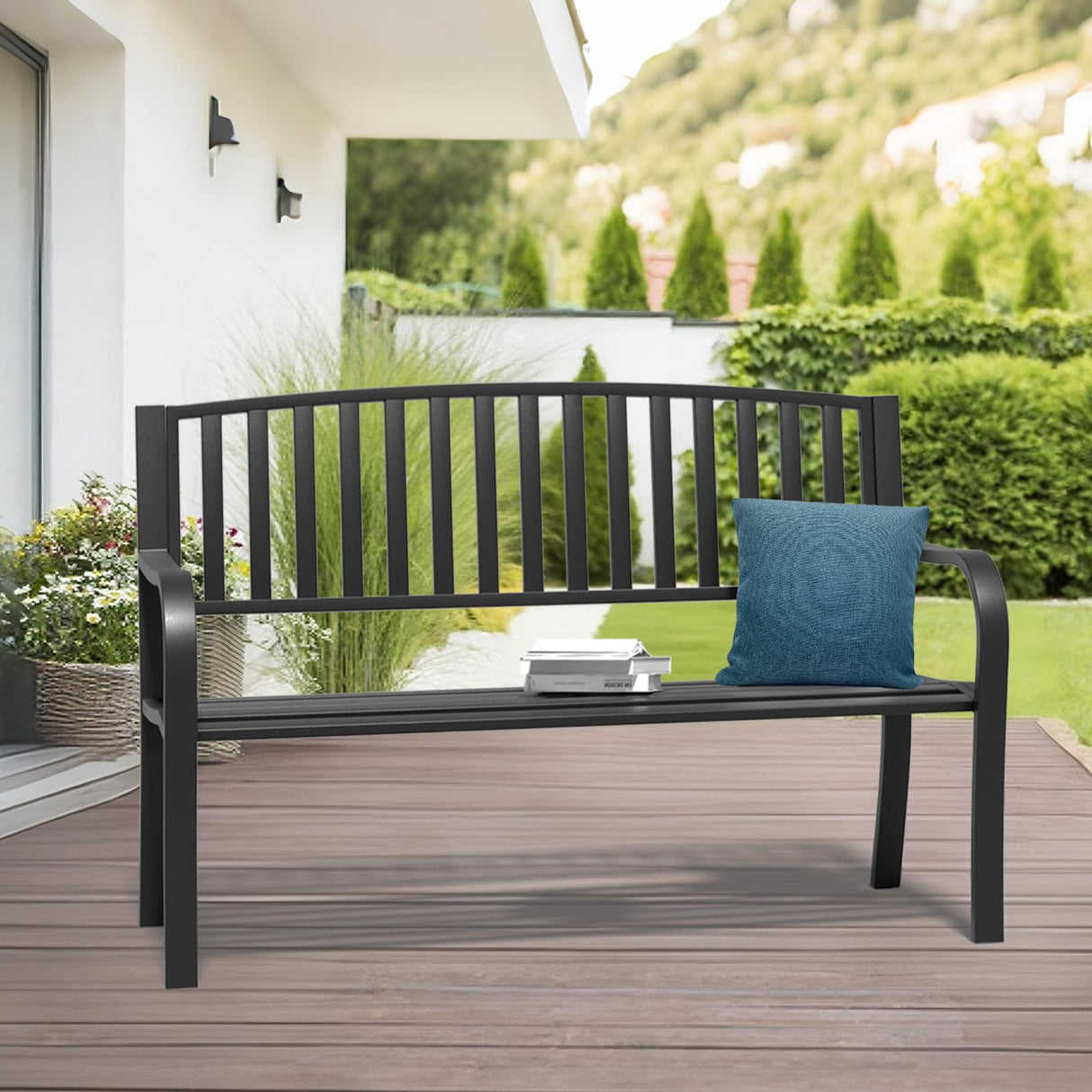 SHGJ&SOFT 50" Outdoor Bench Metal, Heavy-Duty Garden Bench Outdoor, Weatherproof Cast Iron Frame, 500LB Capacity Anti-Rust Patio Park Bench for Porch, Yard, Lawn SHGJ&SOFT