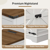 RALGEND Farmhouse End Table with Charging Station, 24'' Sofa Side Table with 2 Drawers and Barn Door, Large Rustic Wooden Square Nightstand for Bedroom, Living Room, White and Walnut RALGEND