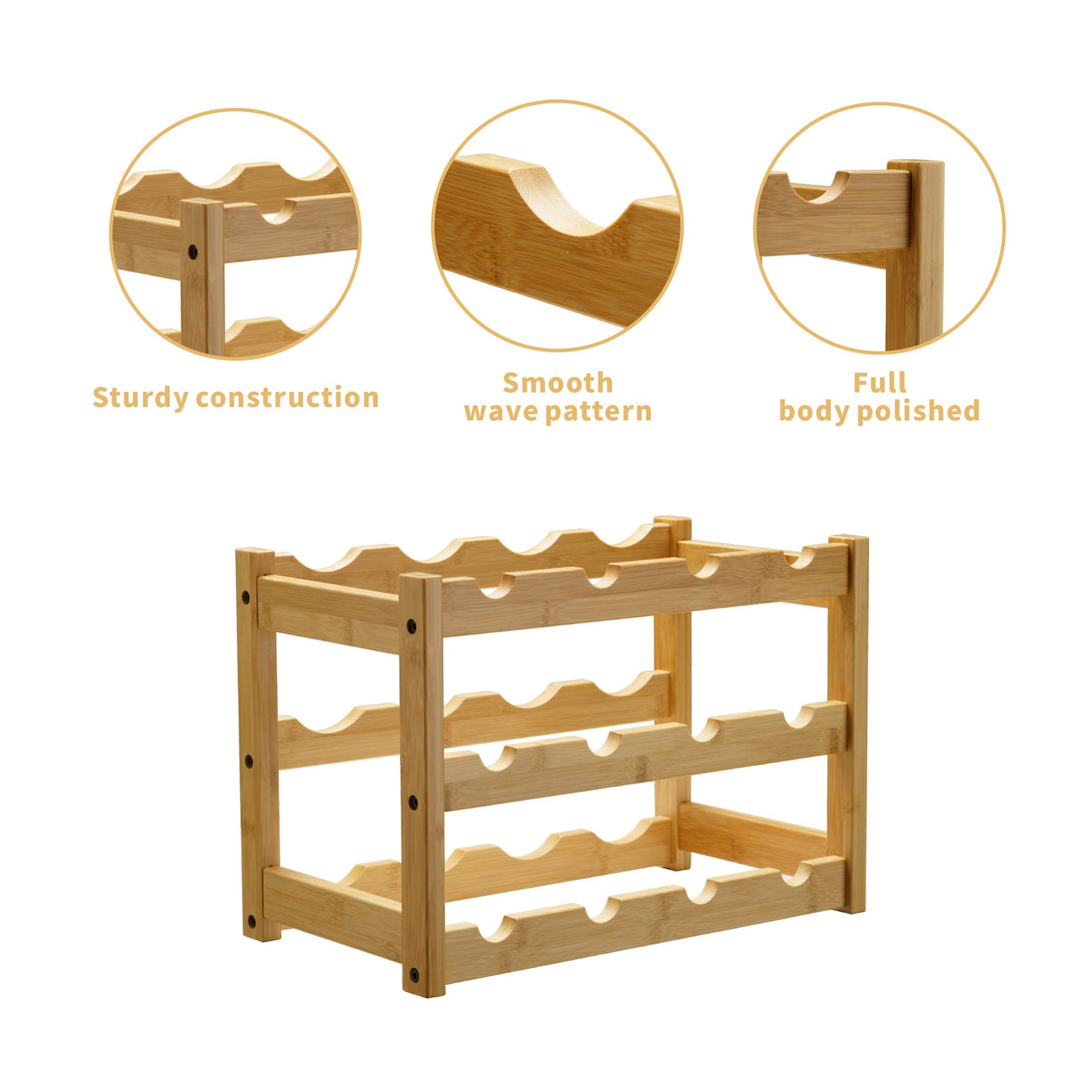 VASMIA Bamboo Wine Rack, Sturdy and Durable Wine Storage Cabinet Shelf, Wine Racks Countertop for Pantry,Kitchen,3-Tier 12 Bottles Wine Rack Natural VASMIA