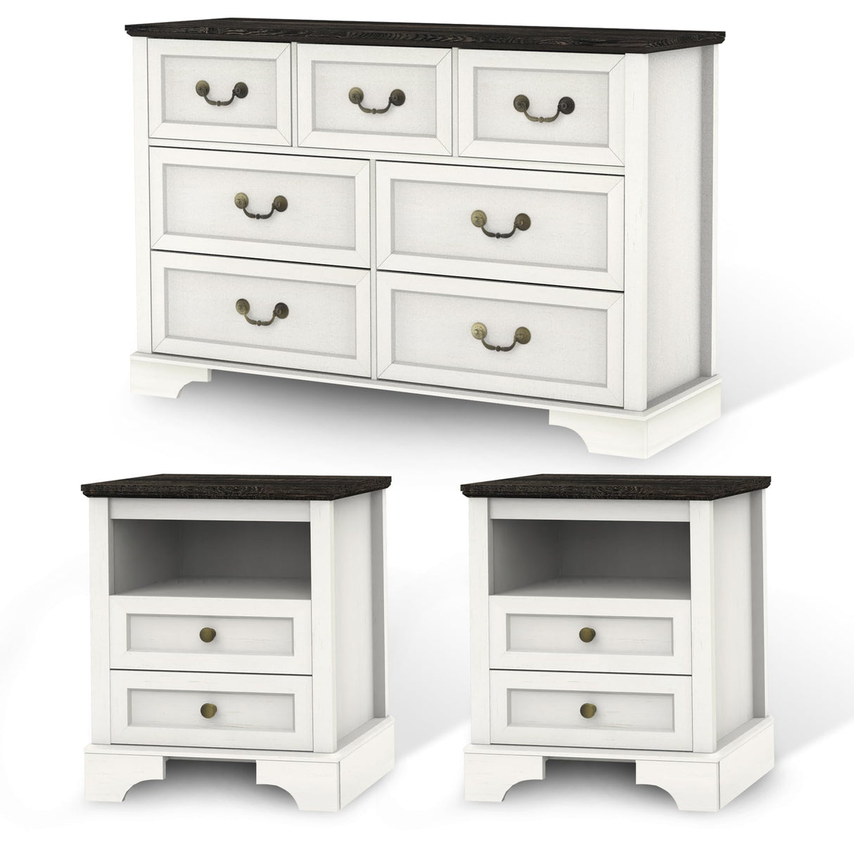 CATMIX Farmhouse Bedroom Set, 3 Pieces Bedroom Furniture Set, Rustic Wood 6 Drawer Dresser and Nightstands, Chest of Drawers Wide Storage Organizer Cabinet for Bedroom CATMIX