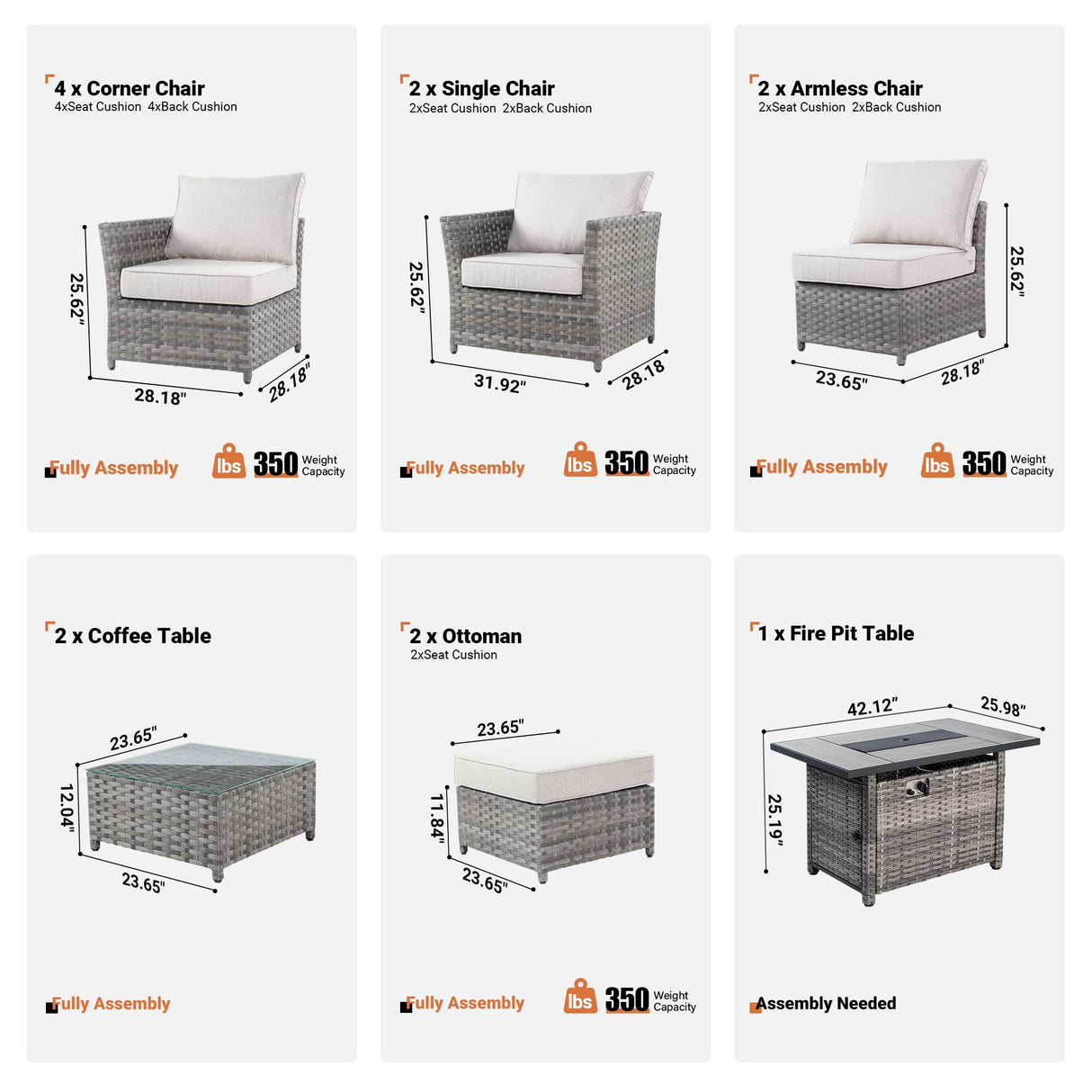 ovios 13 Piece Patio Furniture Set with Fire Pit Table,Outdoor Rattan Wicker Coversation Set with Comfy Seating, Sectional Chairs for Outside Porch Balcony Backyard Pool,Beige ovios