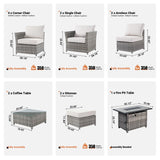 ovios 13 Piece Patio Furniture Set with Fire Pit Table,Outdoor Rattan Wicker Coversation Set with Comfy Seating, Sectional Chairs for Outside Porch Balcony Backyard Pool,Beige ovios