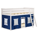 Max & Lily Low Bunk Bed, Twin-Over-Twin Bed Frame For Kids With Curtains For Bottom, White/Blue Max & Lily
