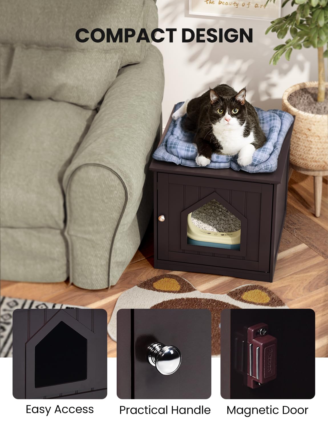 HAPPAWS Cat Litter Box Enclosure Furniture, Modern Hidden Cat Litter Box Enclosure, Sturdy Wooden Night Stand & Cat House Side Table, Easy Assembly, Fit Most of Litter Box, Coffee HAPPAWS