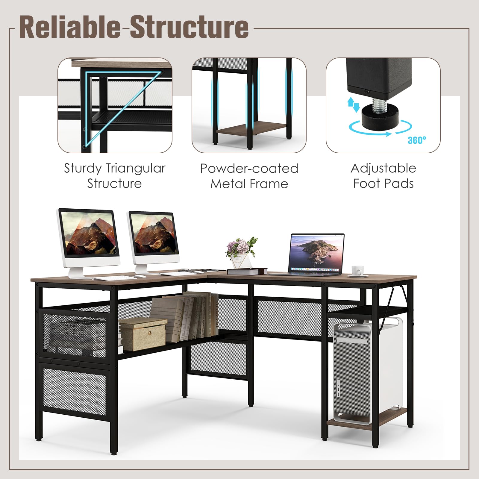 COSTWAY L Shaped Desk with Charging Station, 55” Reversible Corner Computer Desk with Mesh Storage Shelves, CPU Stand, 2 Person Gaming Desk Computer Workstation for Home Office - WoodArtSupply