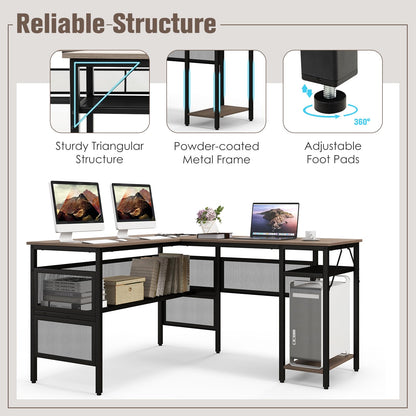 COSTWAY L Shaped Desk with Charging Station, 55” Reversible Corner Computer Desk with Mesh Storage Shelves, CPU Stand, 2 Person Gaming Desk Computer Workstation for Home Office - WoodArtSupply